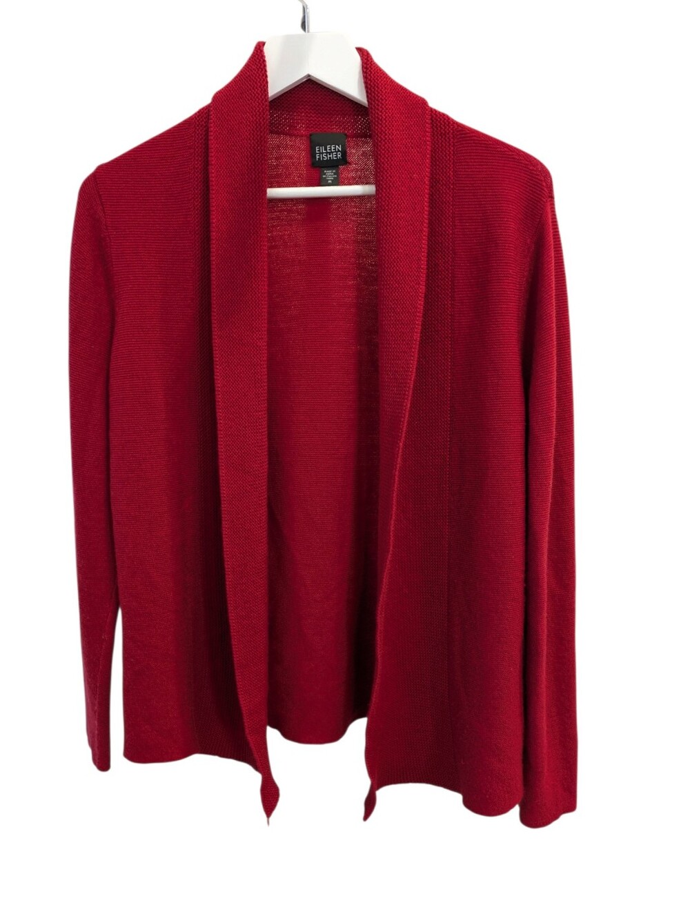 Eileen Fisher Merino Wool Cardigan Medium Red Open Front Draped Shawl Collar
